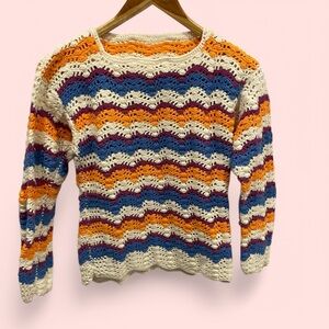 Beautiful Vintage chevron stripe scalloped handmade crochet sweater knit cottage
